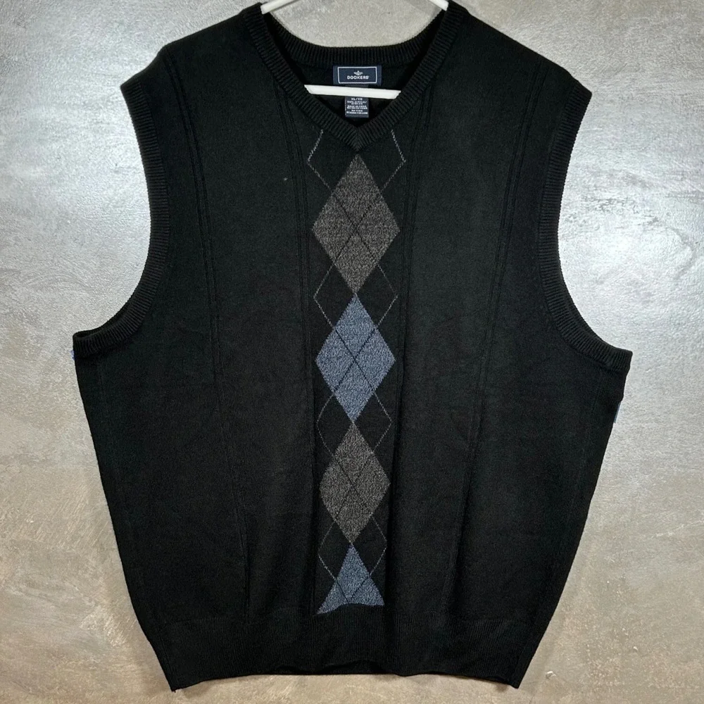 Dockers Mens XL Black‎ Argyle V-Neck Sleeveless Knit Sweater Vest Dress